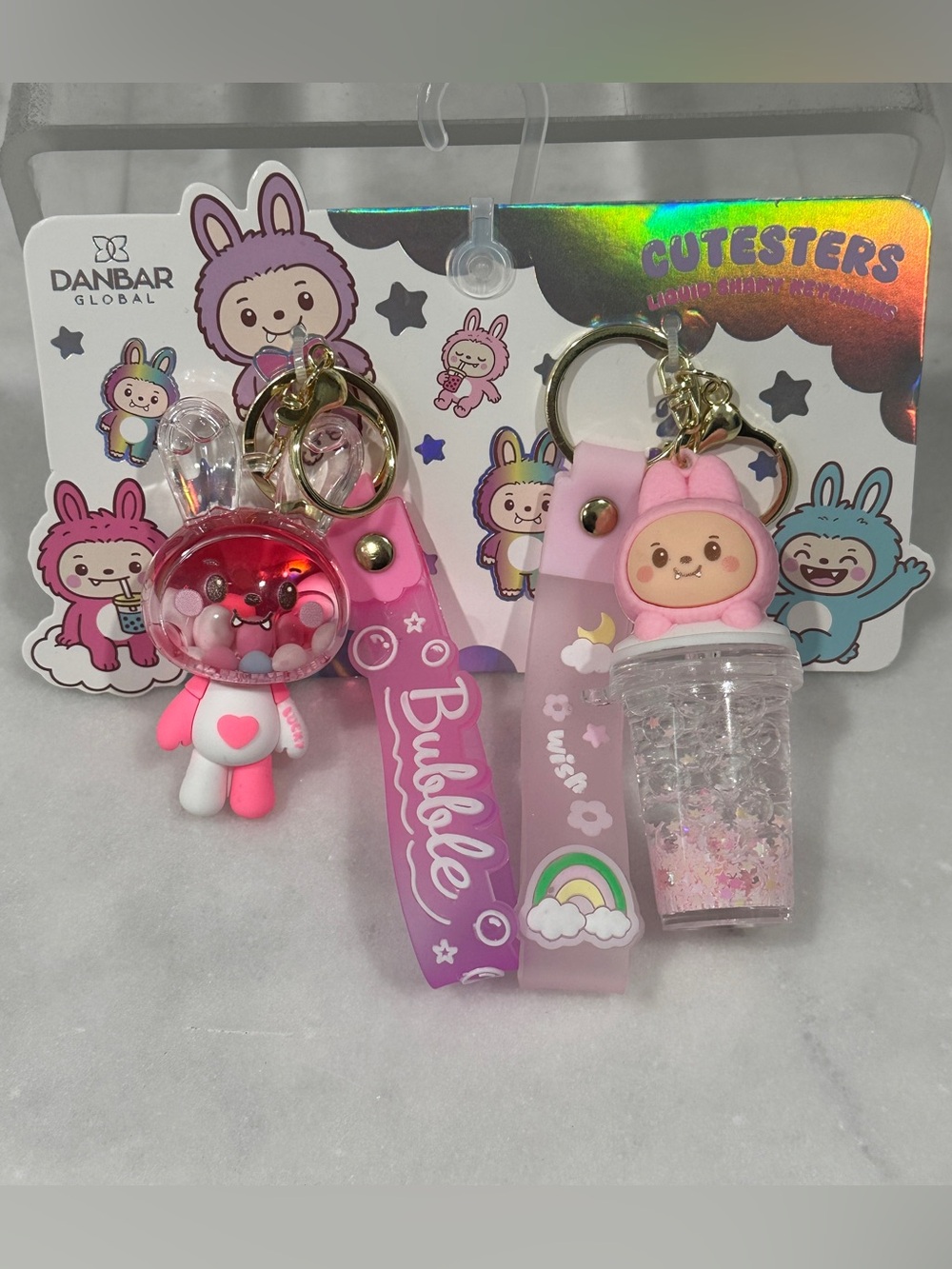 Danbar Global Cute Bunny Liquid Shaky Keychain / Bag Charm Set - Pink & Purple